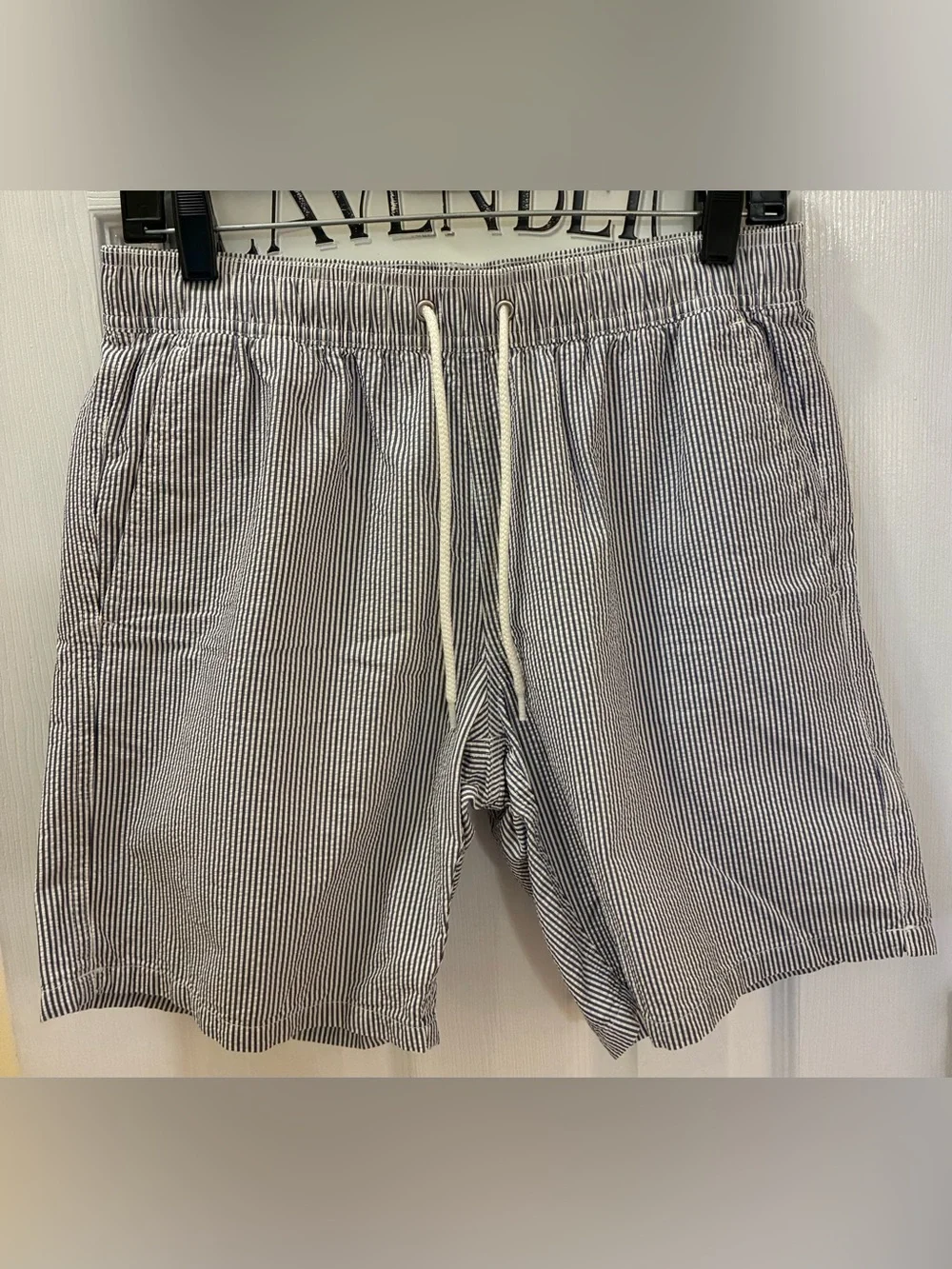 J. Crew Men’s Navy & White Seersucker Drawstring Swim Trunks